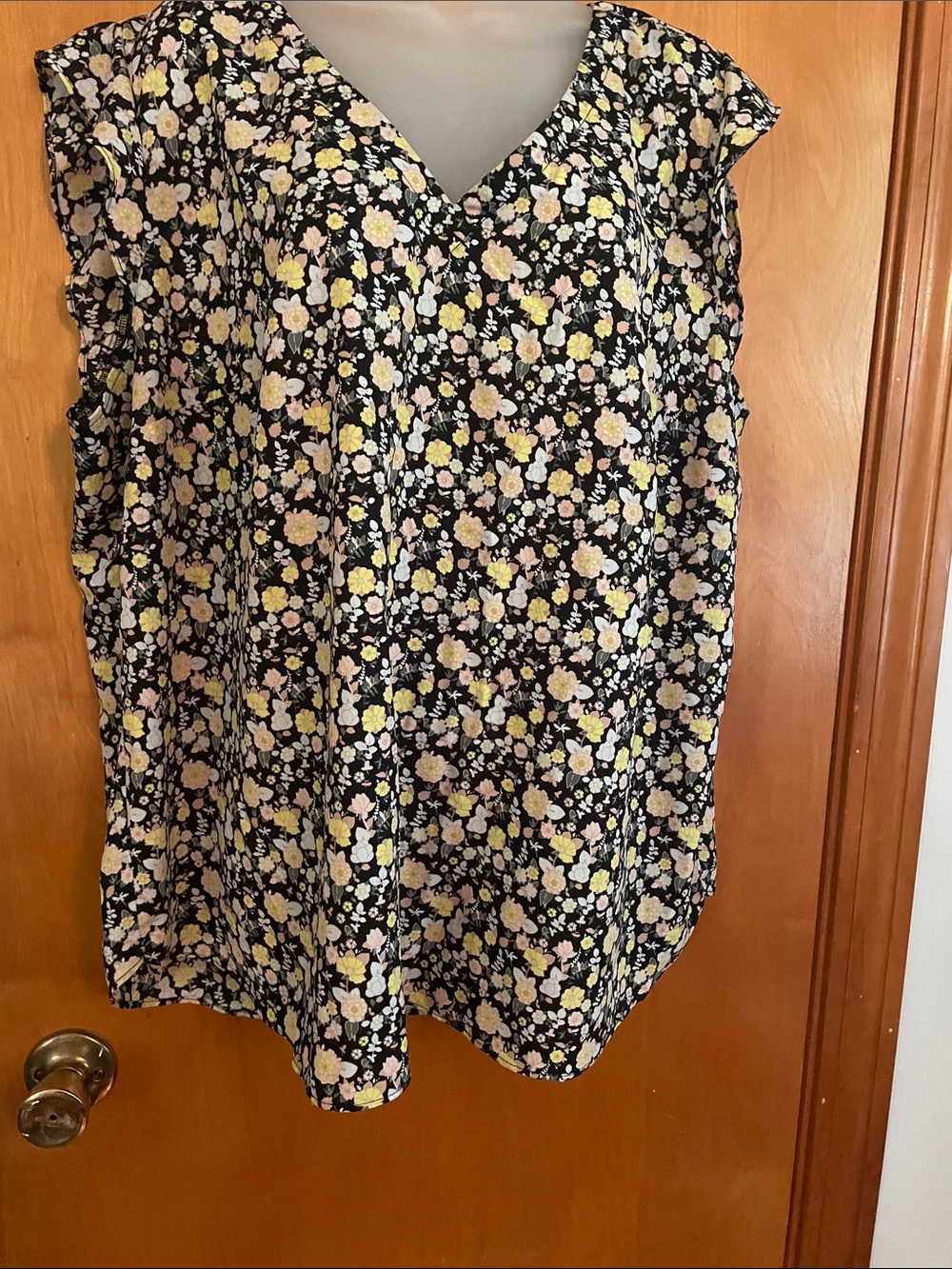 LOFT Plus Black Floral Sleeveless V Neck Top with Yellow, Cream & Pink Blooms